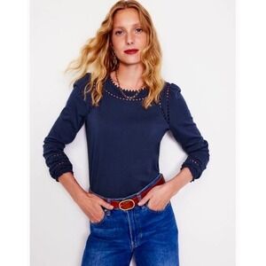 BODEN Mila Long Sleeve Top Solid Navy Blue Knit Embroidered Pom Pom US Size 4